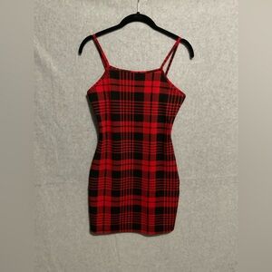 SHEIN Red Black Plaid Bodycon Mini Dress Size S Textured Spaghetti Strap